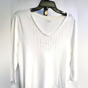 Studio Works 3/4 Sleeve White Cotton Tee Silver Studs Detal Size M